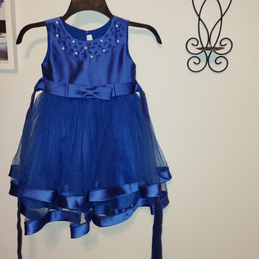 Girls Blue Beaded Tulle Party Dress with Bow Sz-3
